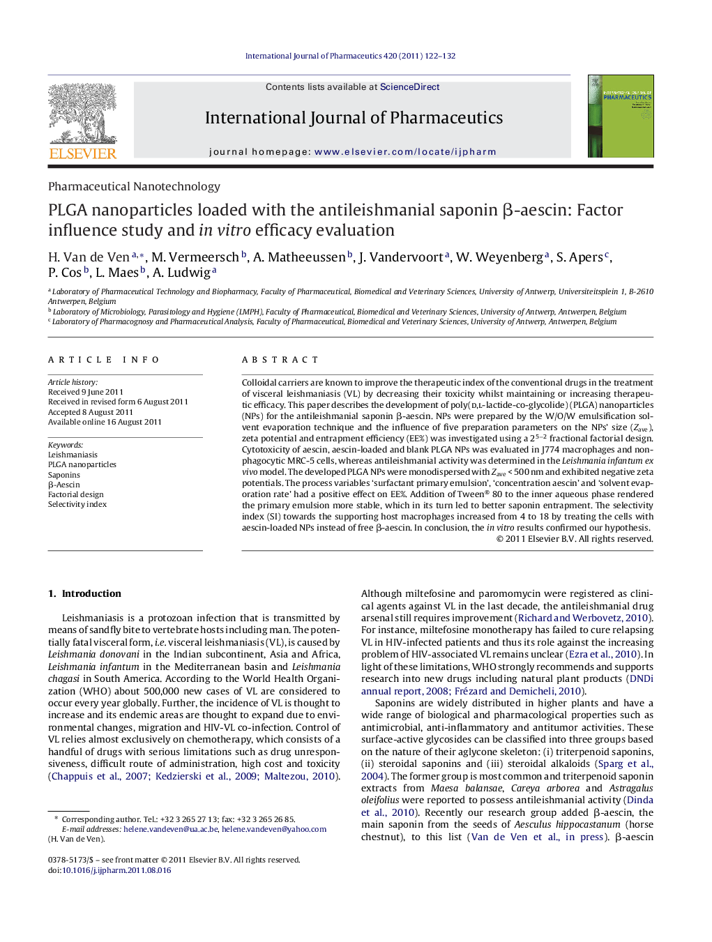 PLGA nanoparticles loaded with the antileishmanial saponin β-aescin: Factor influence study and in vitro efficacy evaluation