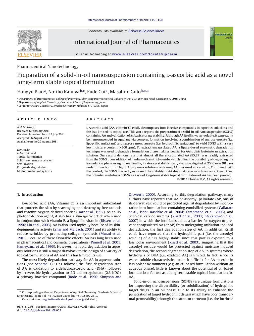 Preparation of a solid-in-oil nanosuspension containing l-ascorbic acid as a novel long-term stable topical formulation