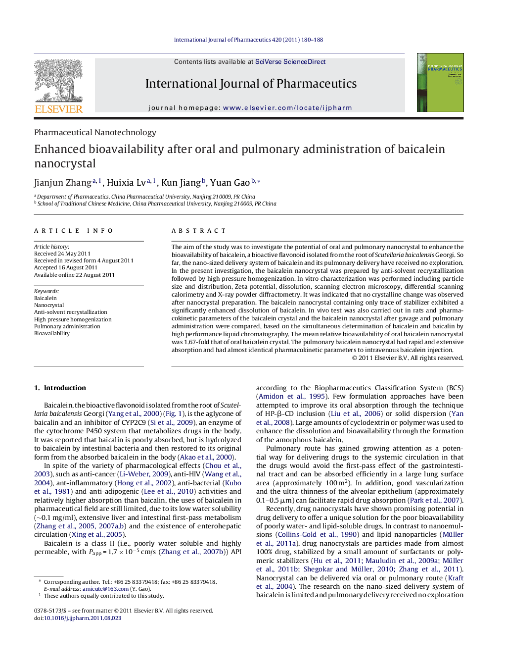 Enhanced bioavailability after oral and pulmonary administration of baicalein nanocrystal