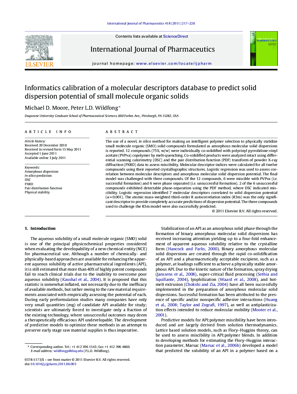 Informatics calibration of a molecular descriptors database to predict solid dispersion potential of small molecule organic solids
