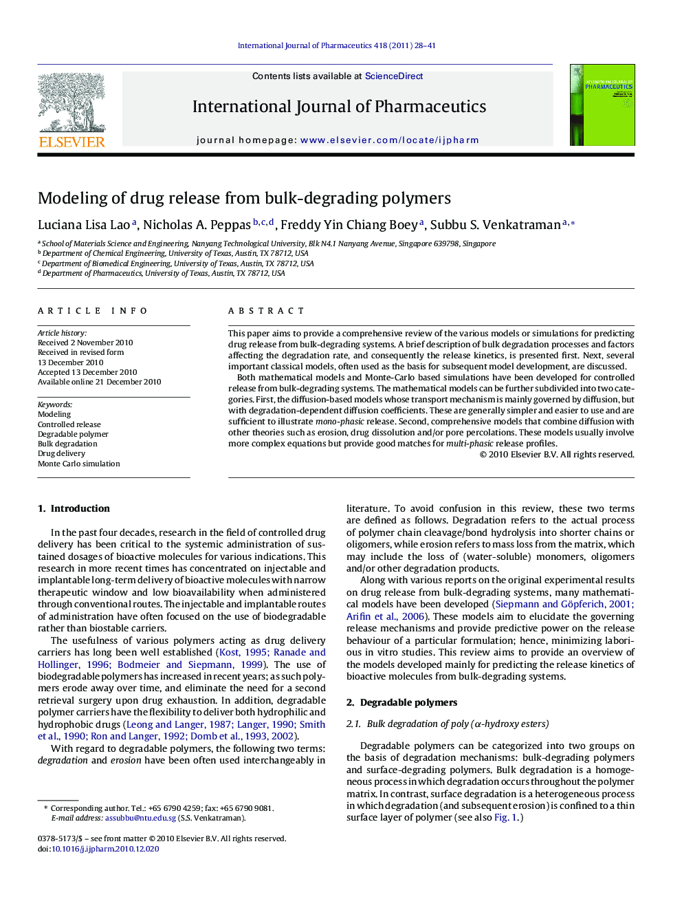 Modeling of drug release from bulk-degrading polymers