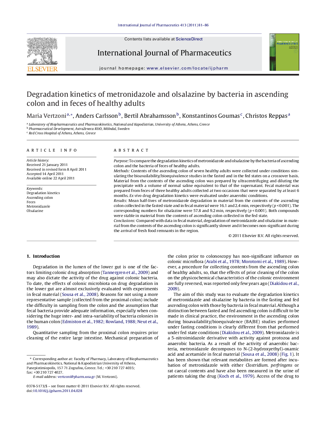 Degradation kinetics of metronidazole and olsalazine by bacteria in ascending colon and in feces of healthy adults