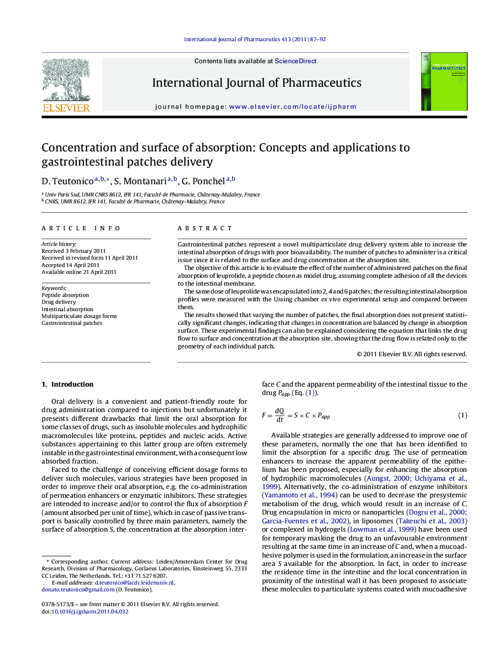 Concentration and surface of absorption: Concepts and applications to gastrointestinal patches delivery
