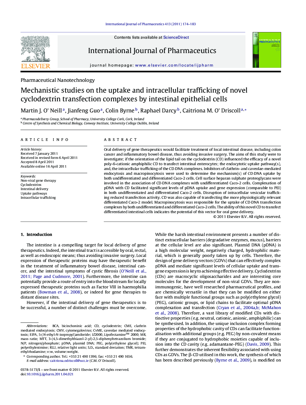 Mechanistic studies on the uptake and intracellular trafficking of novel cyclodextrin transfection complexes by intestinal epithelial cells