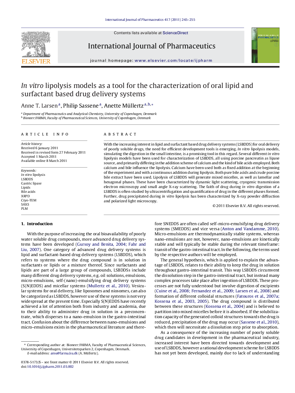 عکس صفحه اول مقاله: In vitro lipolysis models as a tool for the characterization of oral lipid and surfactant based drug delivery systems In vitro lipolysis models as a tool for the characterization of oral lipid and surfactant based drug delivery systems