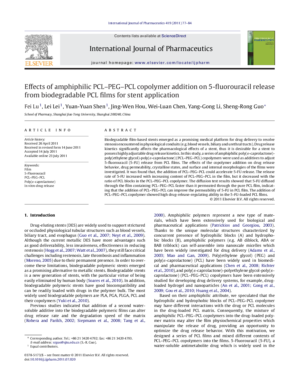 Effects of amphiphilic PCL–PEG–PCL copolymer addition on 5-fluorouracil release from biodegradable PCL films for stent application