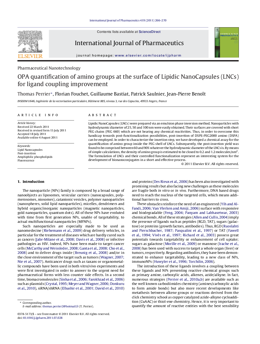 OPA quantification of amino groups at the surface of Lipidic NanoCapsules (LNCs) for ligand coupling improvement