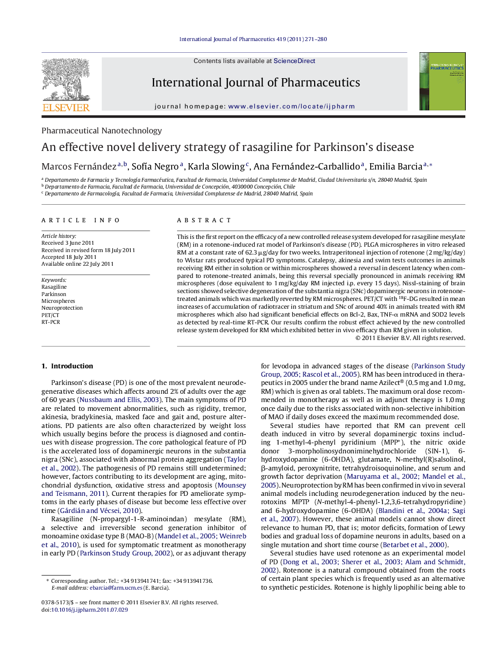 An effective novel delivery strategy of rasagiline for Parkinson's disease