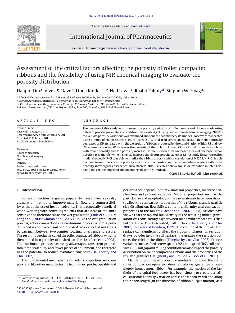 Assessment of the critical factors affecting the porosity of roller compacted ribbons and the feasibility of using NIR chemical imaging to evaluate the porosity distribution