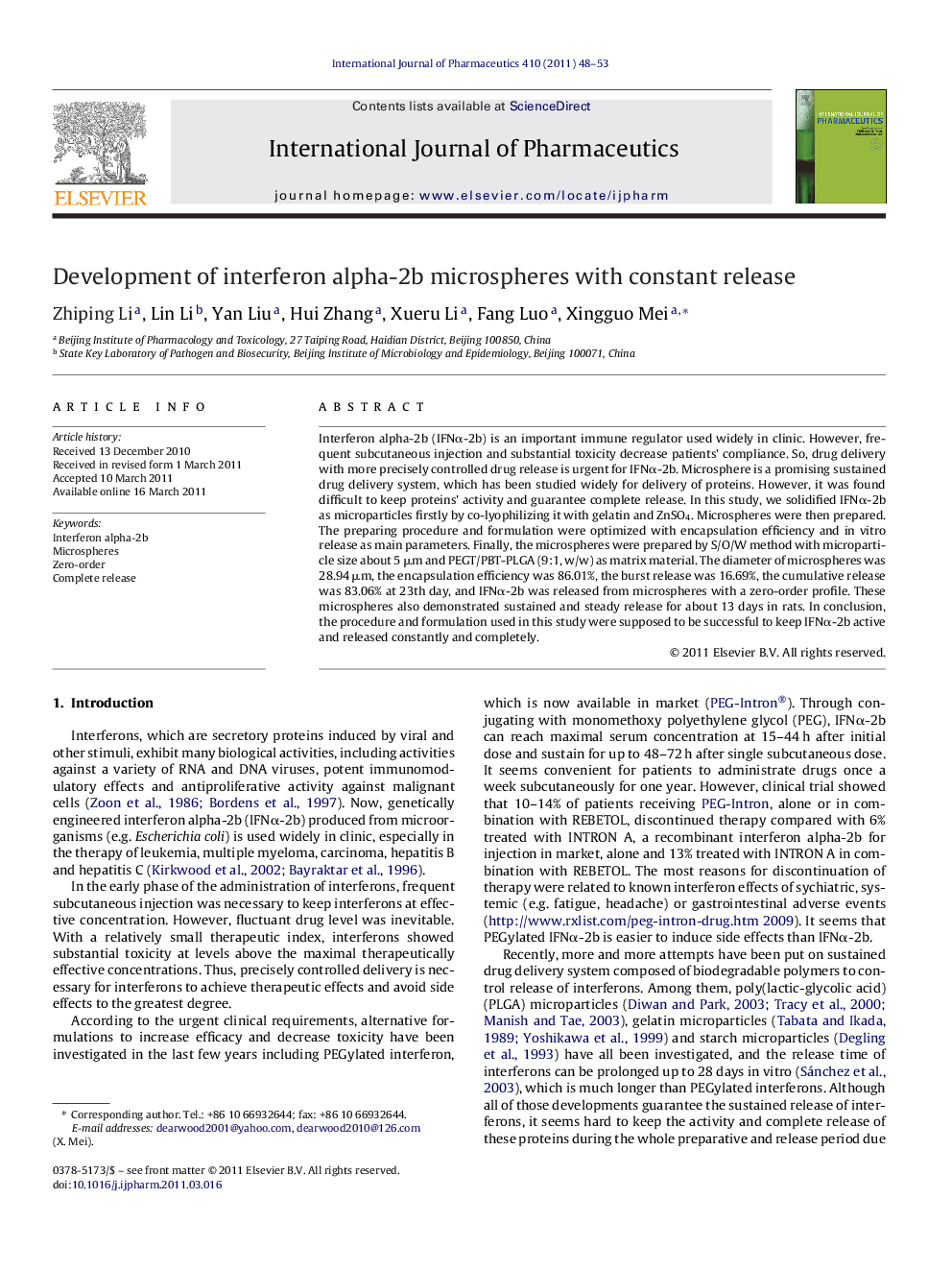 Development of interferon alpha-2b microspheres with constant release