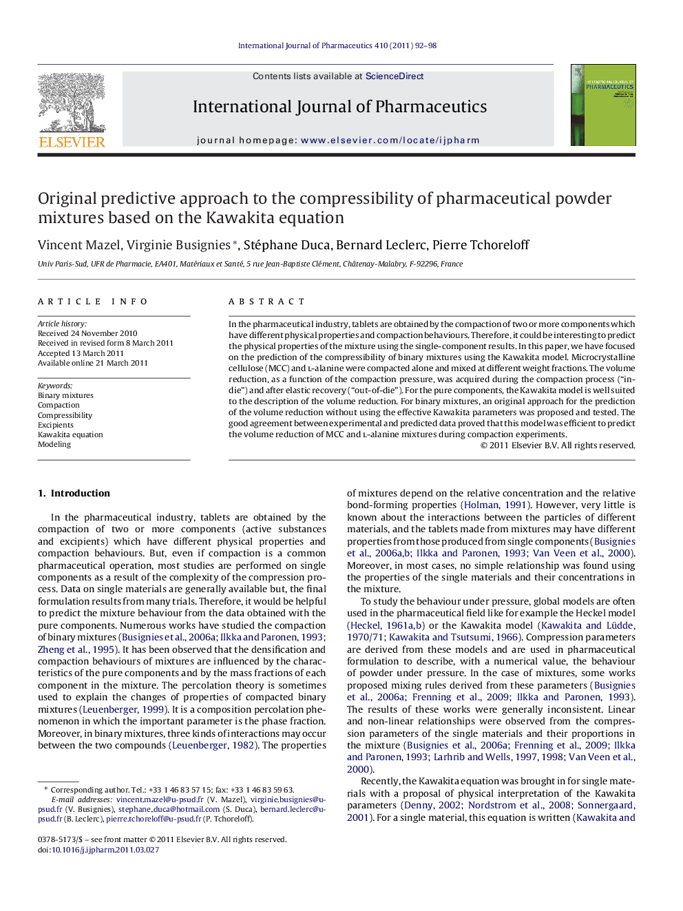 Original predictive approach to the compressibility of pharmaceutical powder mixtures based on the Kawakita equation