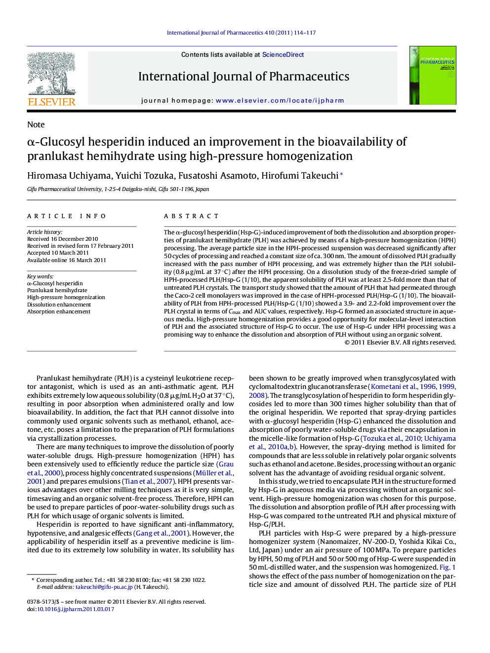 α-Glucosyl hesperidin induced an improvement in the bioavailability of pranlukast hemihydrate using high-pressure homogenization