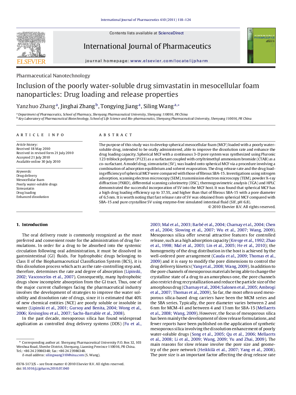 Inclusion of the poorly water-soluble drug simvastatin in mesocellular foam nanoparticles: Drug loading and release properties