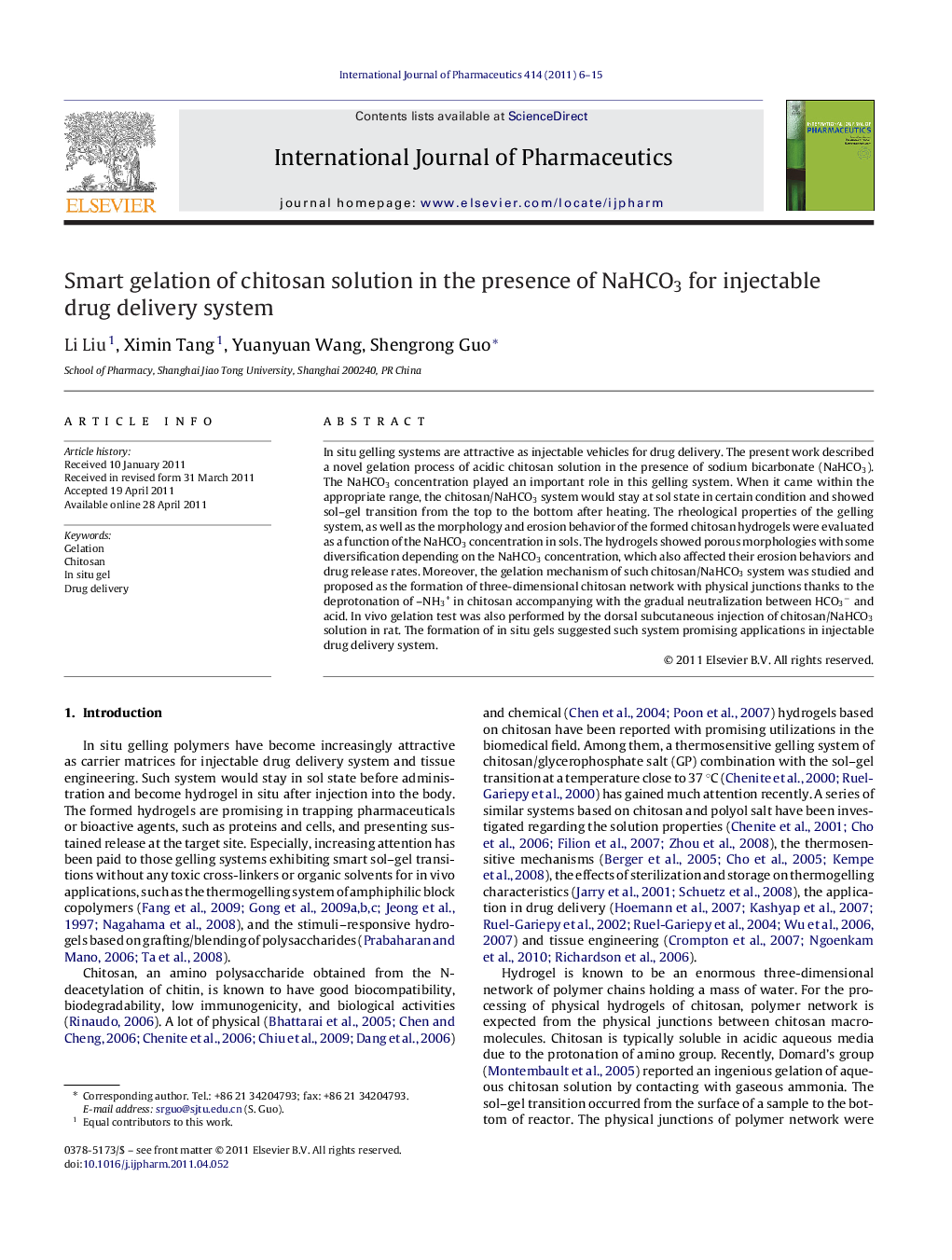 Smart gelation of chitosan solution in the presence of NaHCO3 for injectable drug delivery system