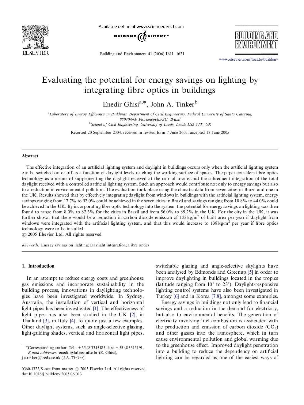 Evaluating the potential for energy savings on lighting by integrating fibre optics in buildings