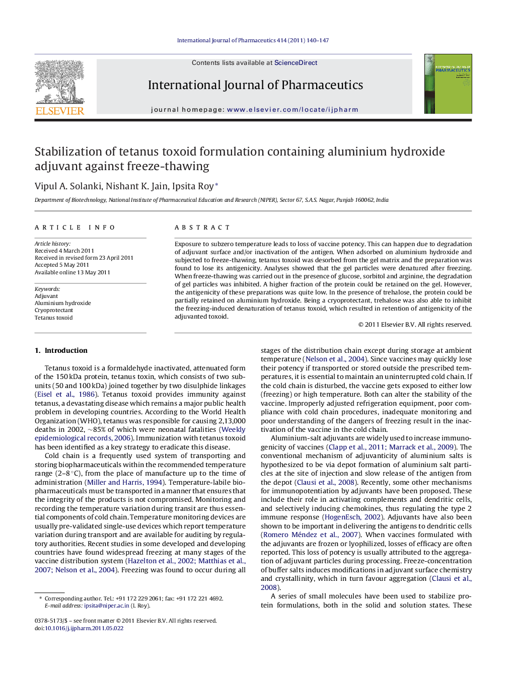 Stabilization of tetanus toxoid formulation containing aluminium hydroxide adjuvant against freeze-thawing