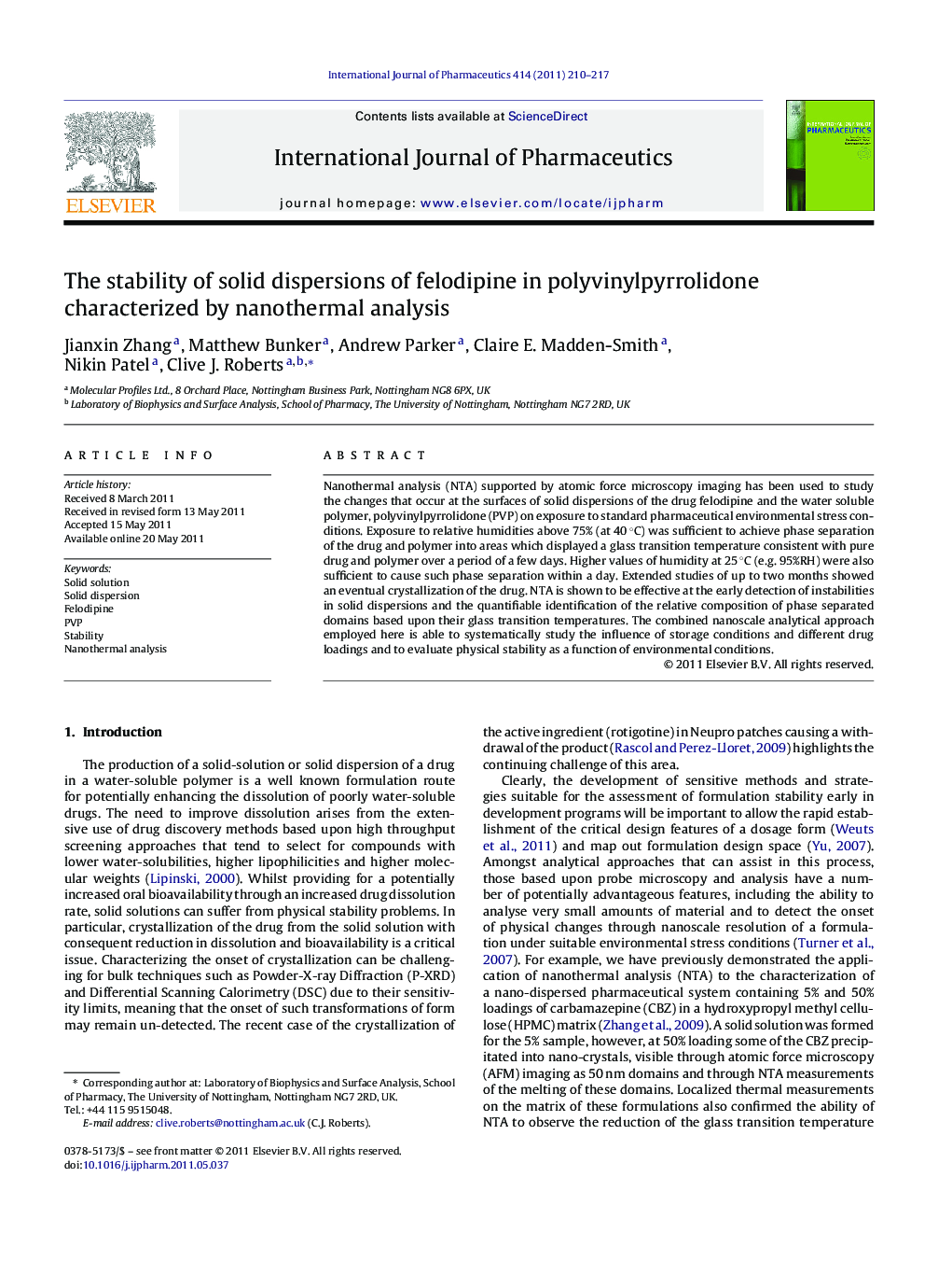 The stability of solid dispersions of felodipine in polyvinylpyrrolidone characterized by nanothermal analysis