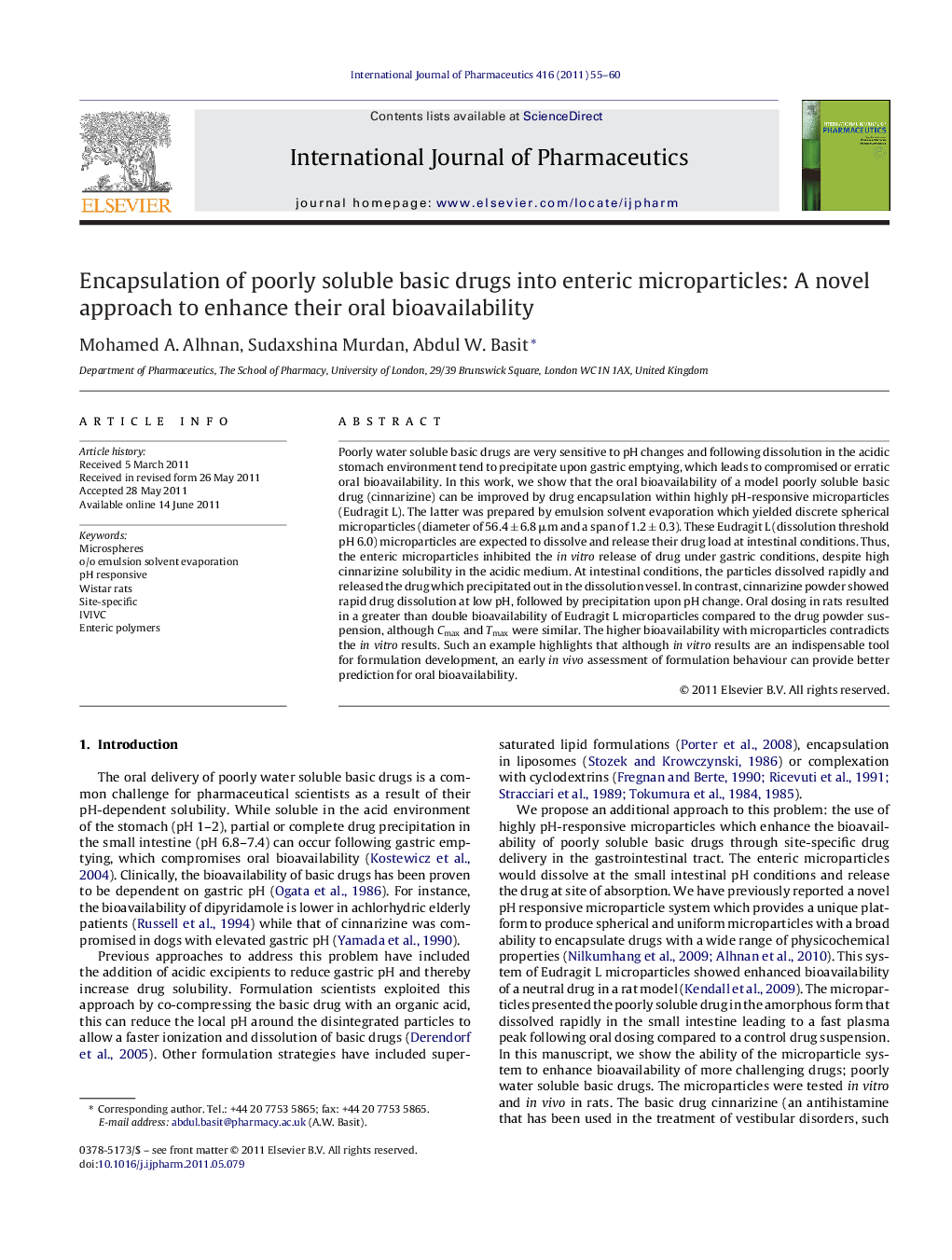 Encapsulation of poorly soluble basic drugs into enteric microparticles: A novel approach to enhance their oral bioavailability