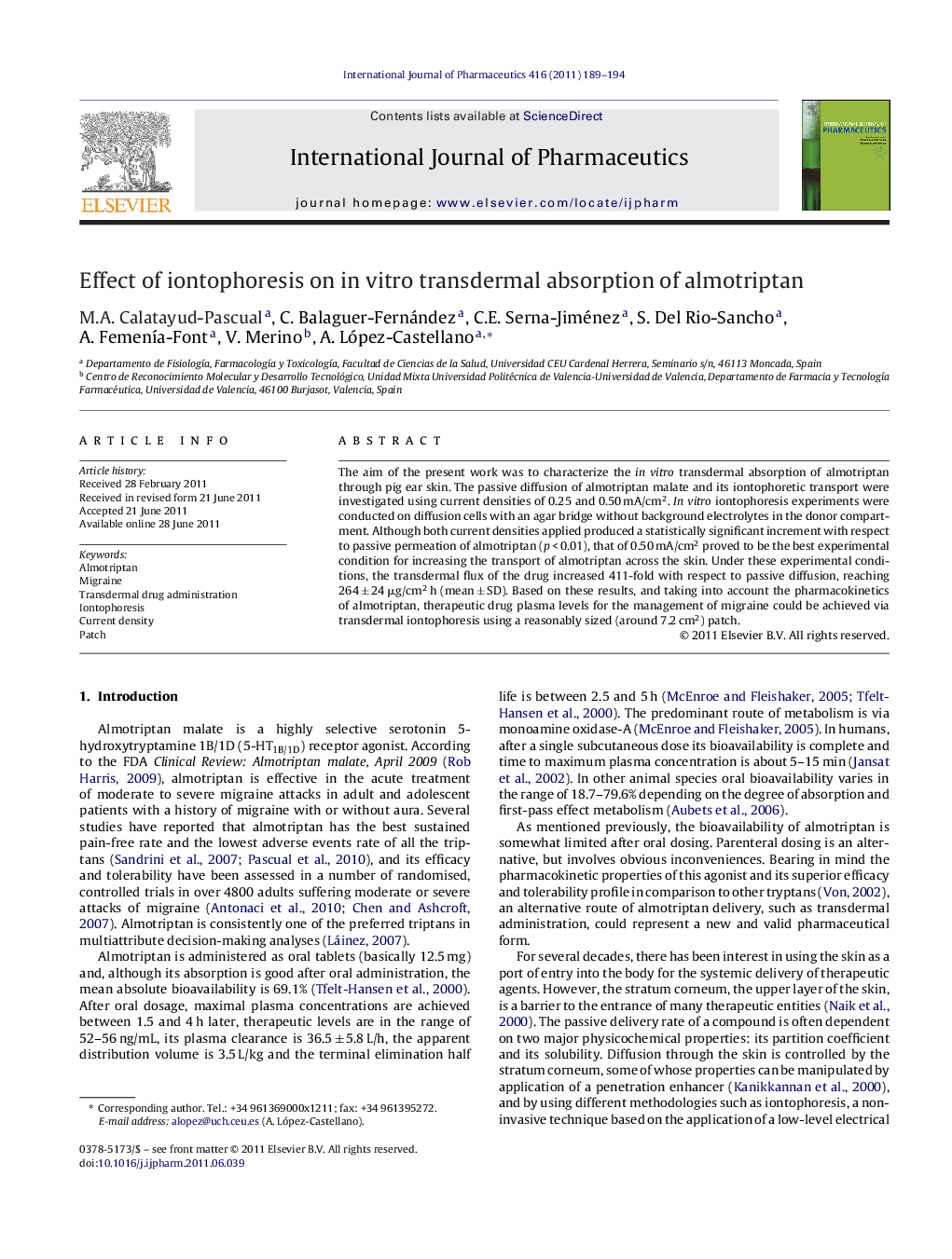 Effect of iontophoresis on in vitro transdermal absorption of almotriptan