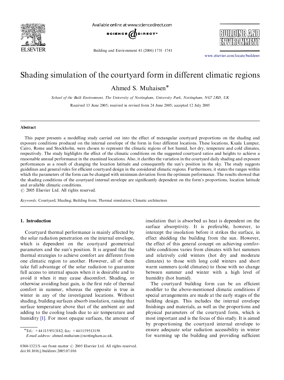 Shading simulation of the courtyard form in different climatic regions