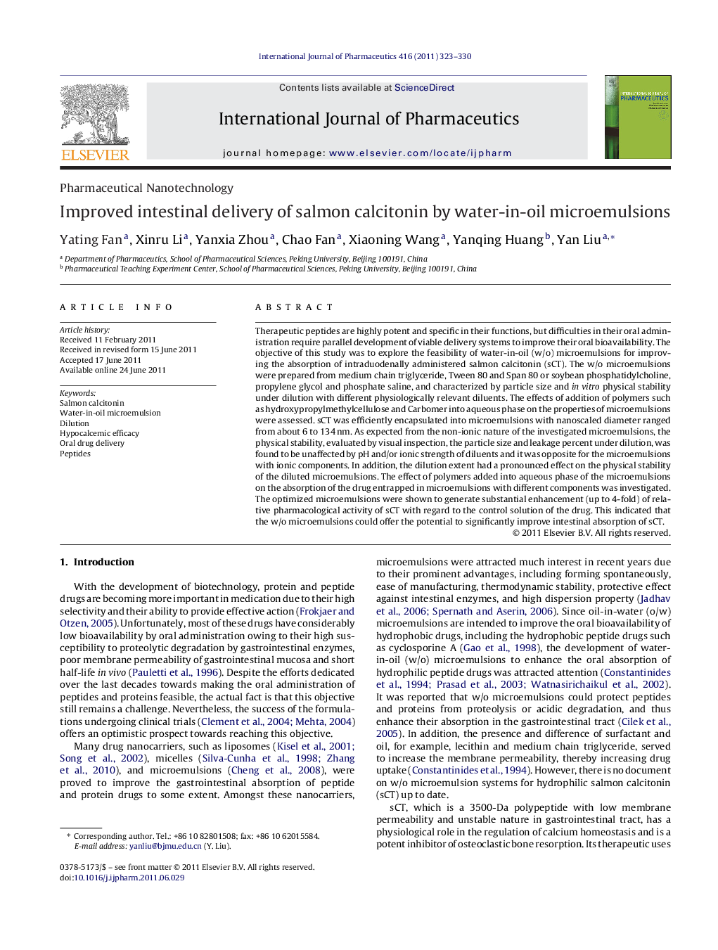 Improved intestinal delivery of salmon calcitonin by water-in-oil microemulsions