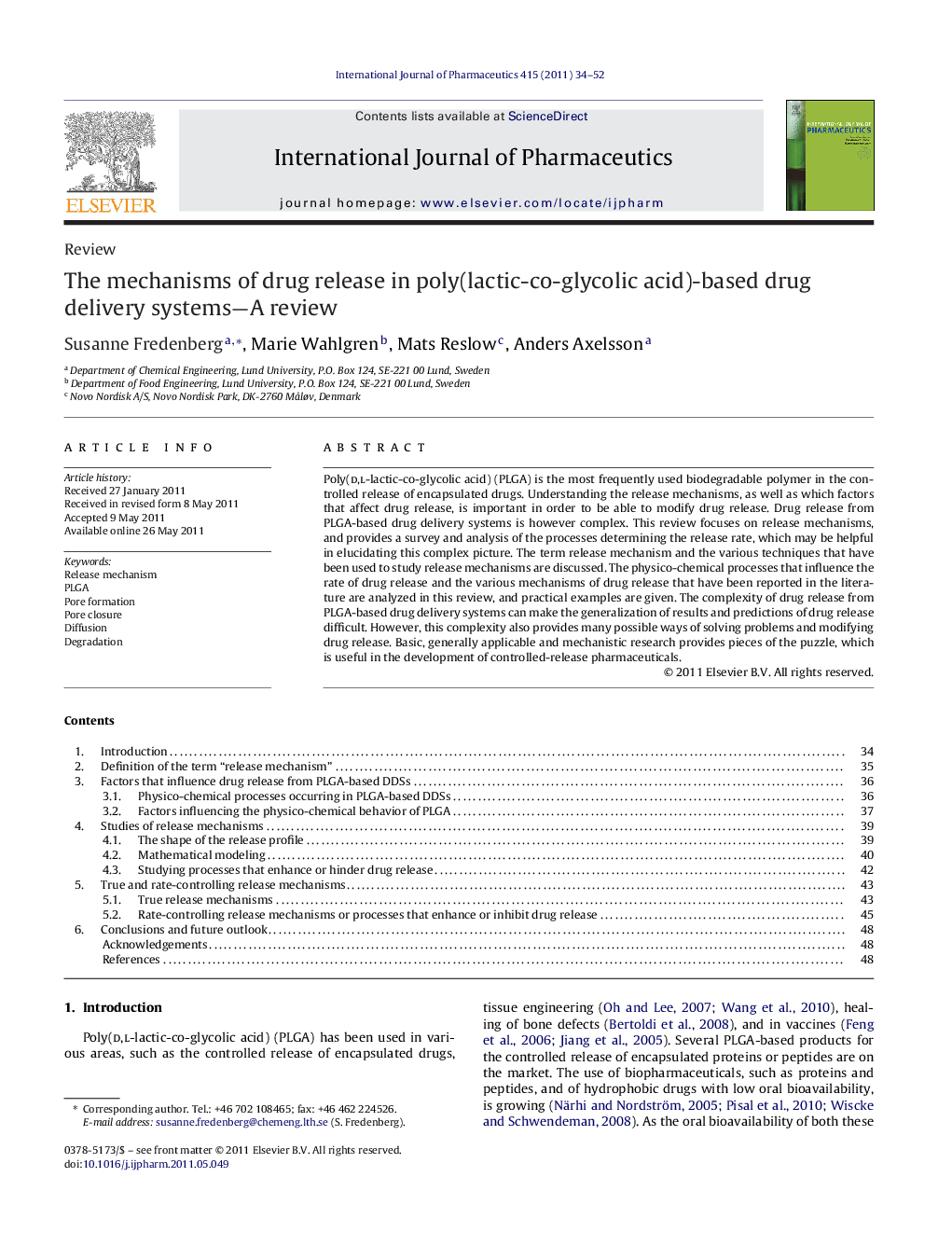 The mechanisms of drug release in poly(lactic-co-glycolic acid)-based drug delivery systems—A review