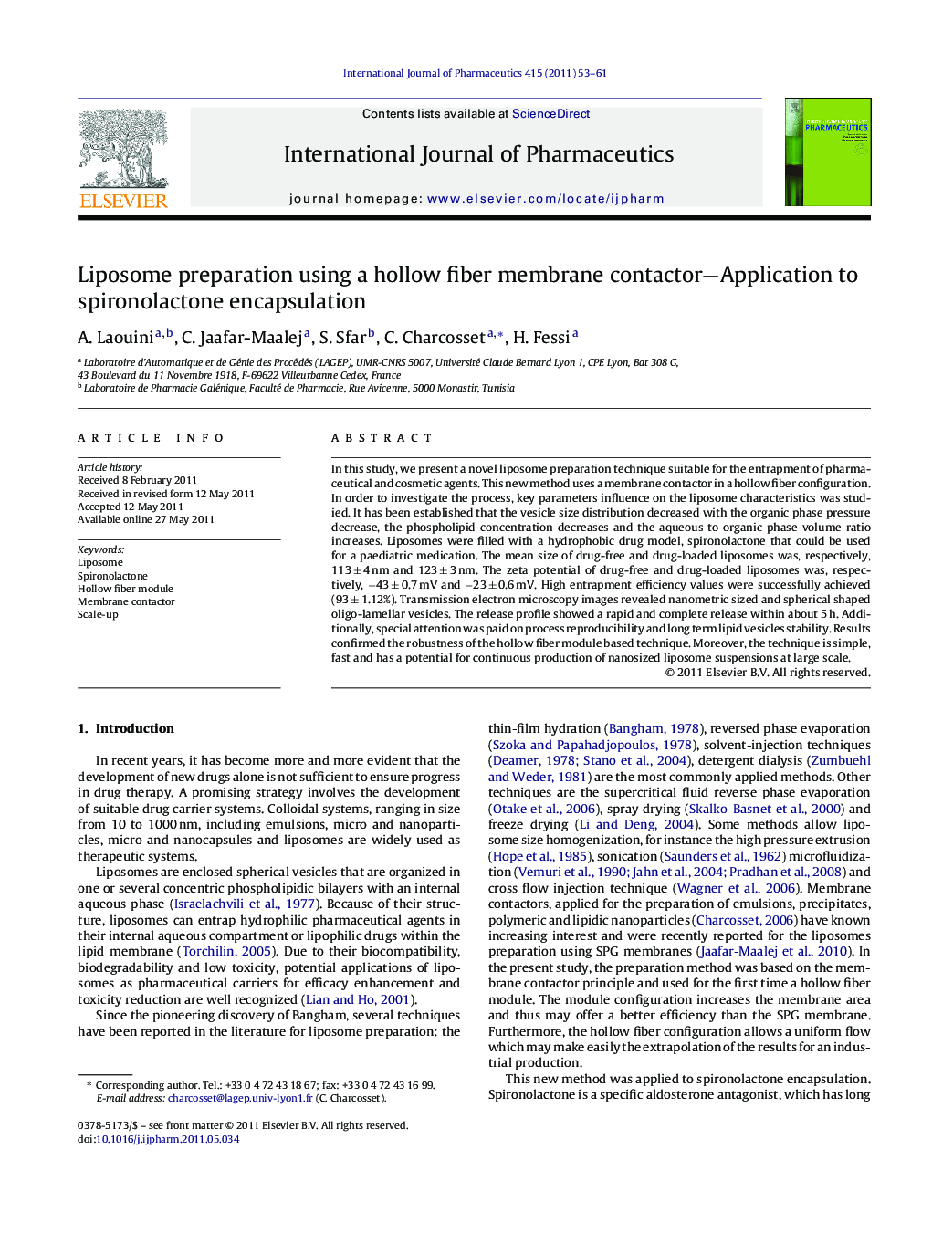 Liposome preparation using a hollow fiber membrane contactor—Application to spironolactone encapsulation