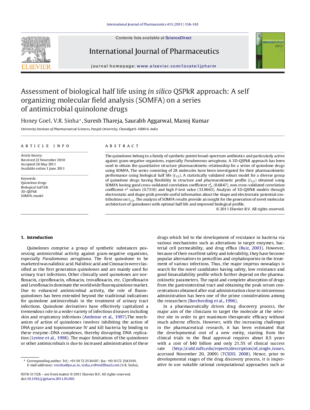 Assessment of biological half life using in silico QSPkR approach: A self organizing molecular field analysis (SOMFA) on a series of antimicrobial quinolone drugs