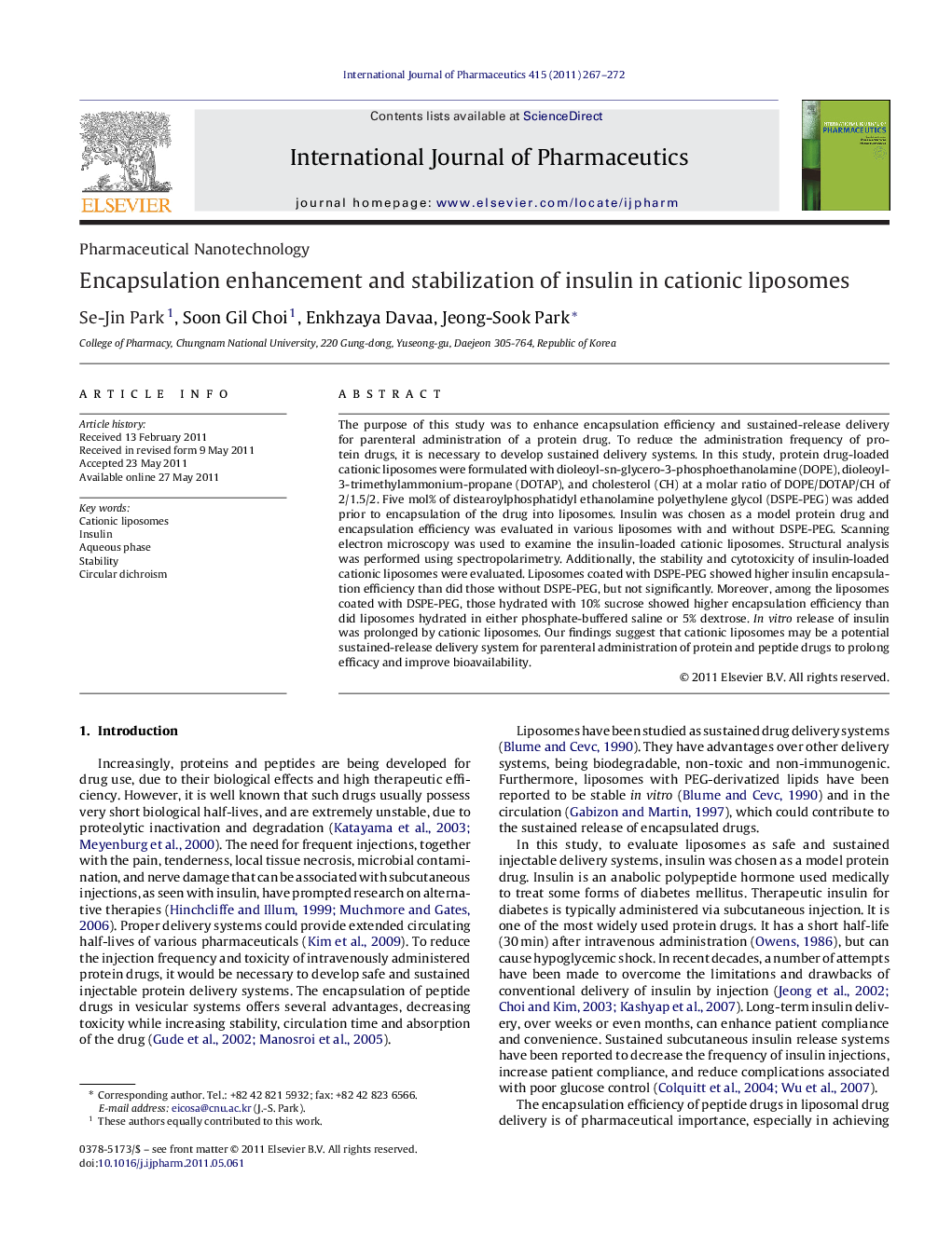 Encapsulation enhancement and stabilization of insulin in cationic liposomes