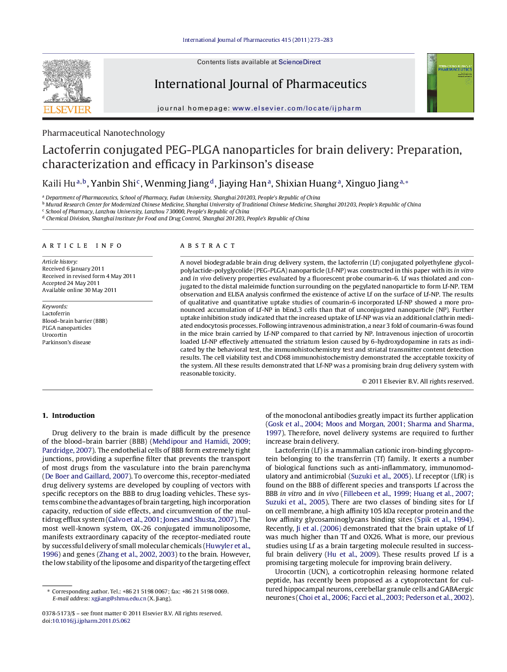 Lactoferrin conjugated PEG-PLGA nanoparticles for brain delivery: Preparation, characterization and efficacy in Parkinson's disease