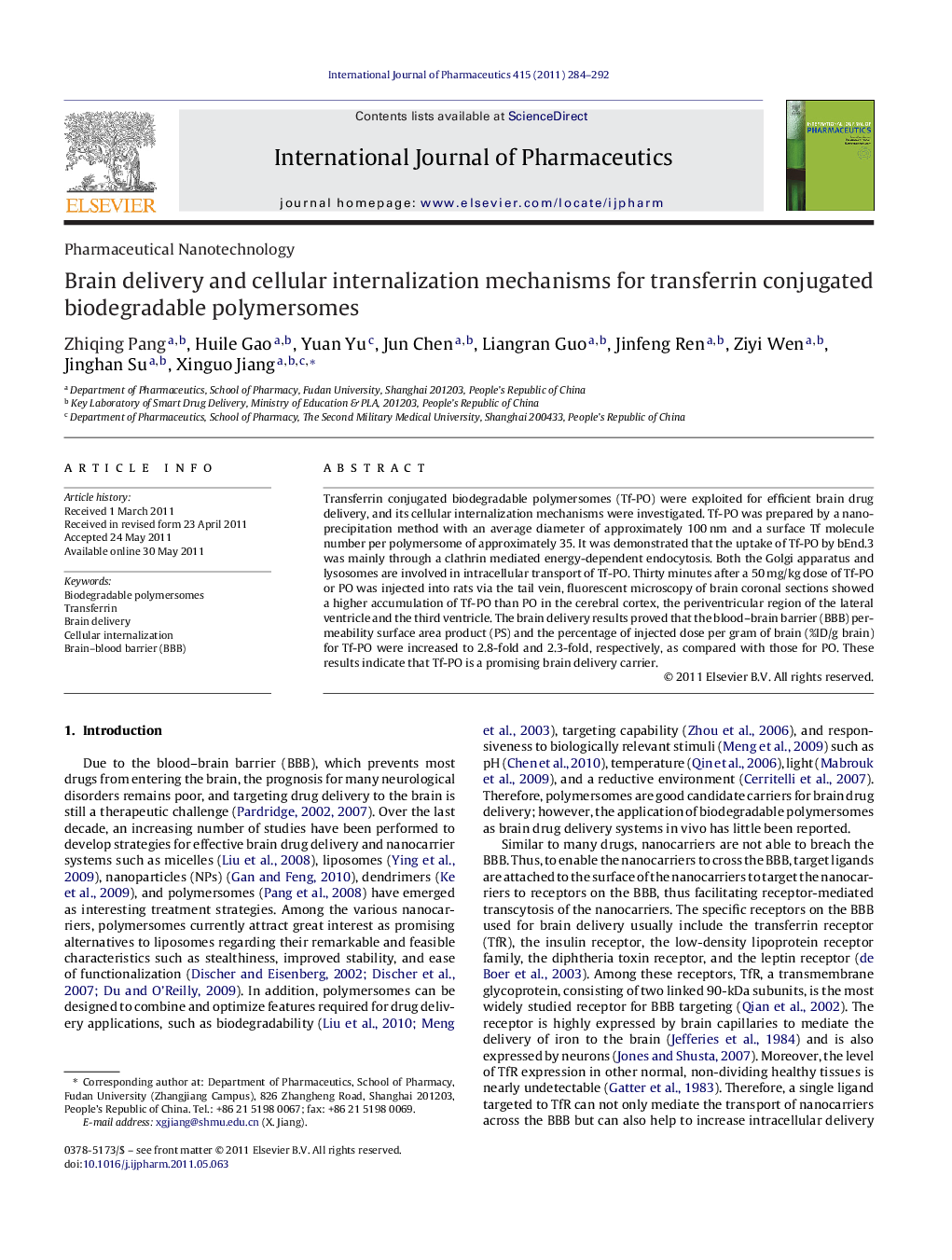 Brain delivery and cellular internalization mechanisms for transferrin conjugated biodegradable polymersomes