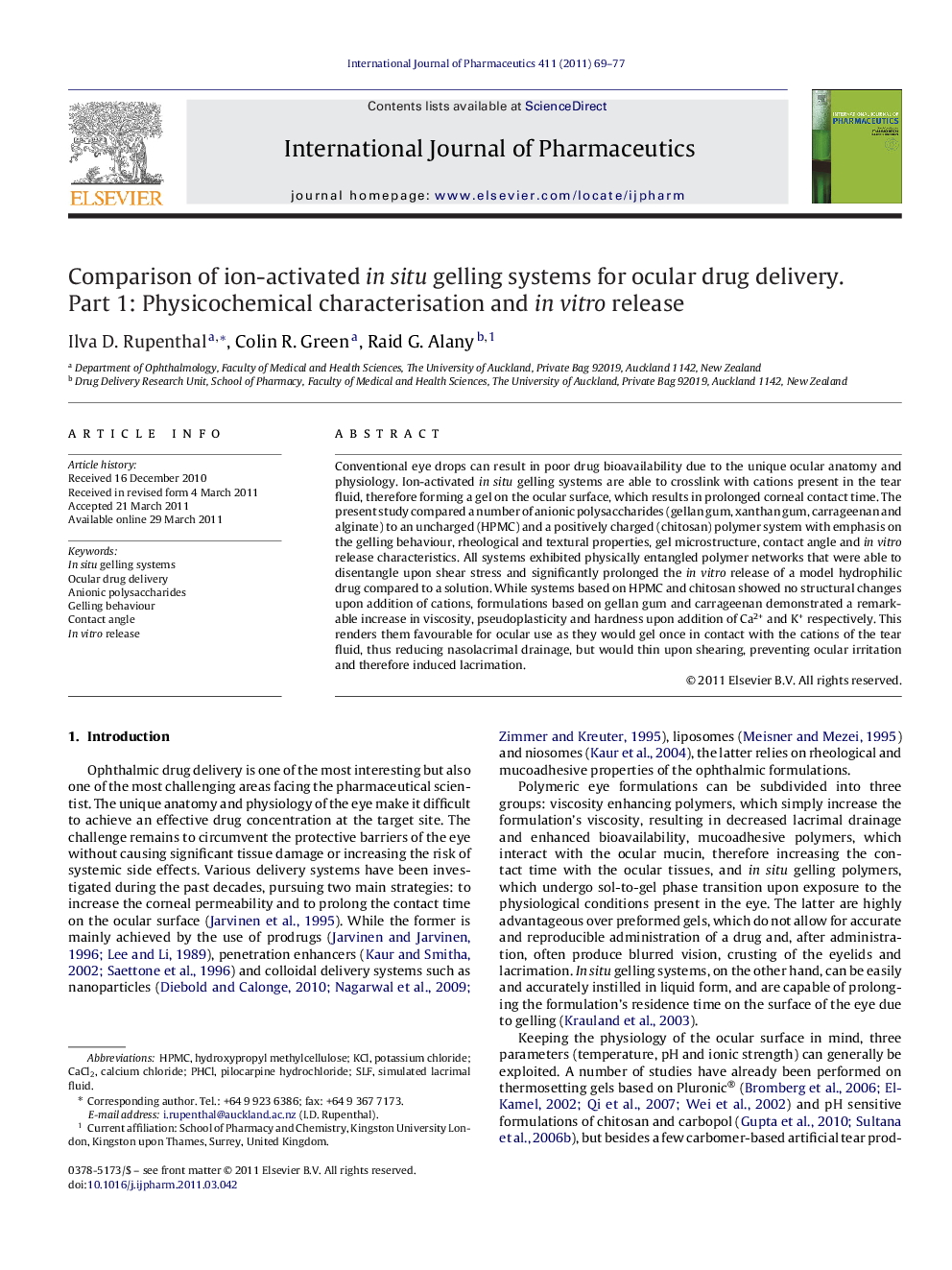 Comparison of ion-activated in situ gelling systems for ocular drug delivery. Part 1: Physicochemical characterisation and in vitro release