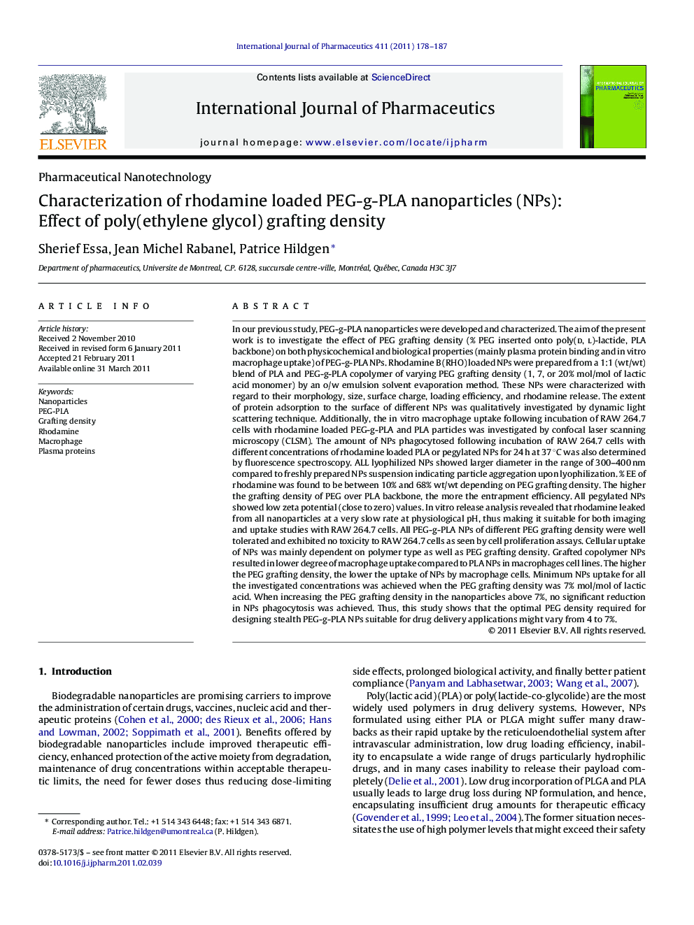 Characterization of rhodamine loaded PEG-g-PLA nanoparticles (NPs): Effect of poly(ethylene glycol) grafting density