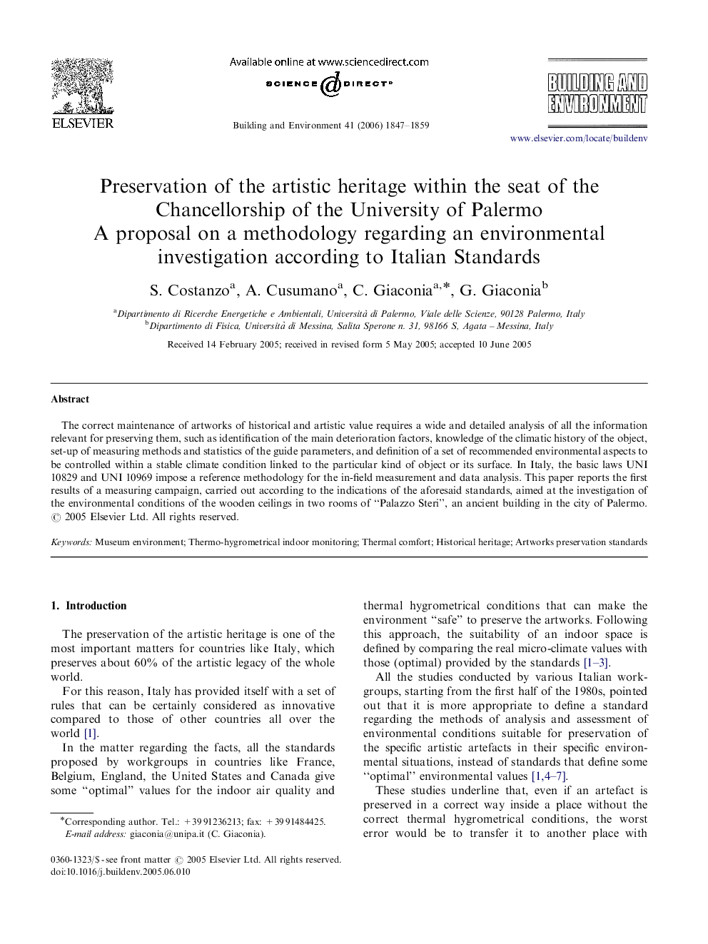 Preservation of the artistic heritage within the seat of the Chancellorship of the University of Palermo: A proposal on a methodology regarding an environmental investigation according to Italian Standards