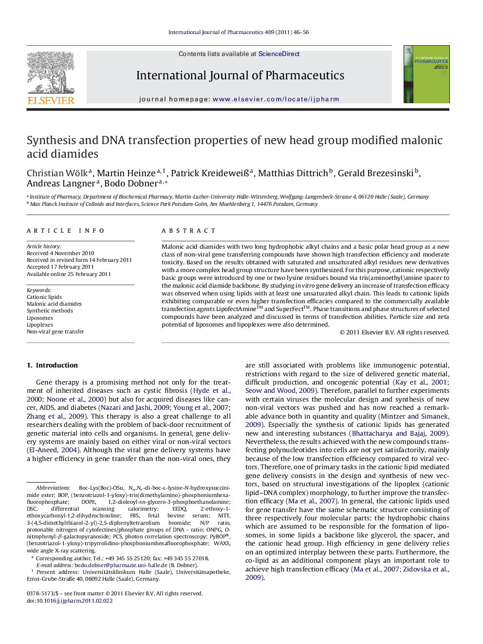 Synthesis and DNA transfection properties of new head group modified malonic acid diamides