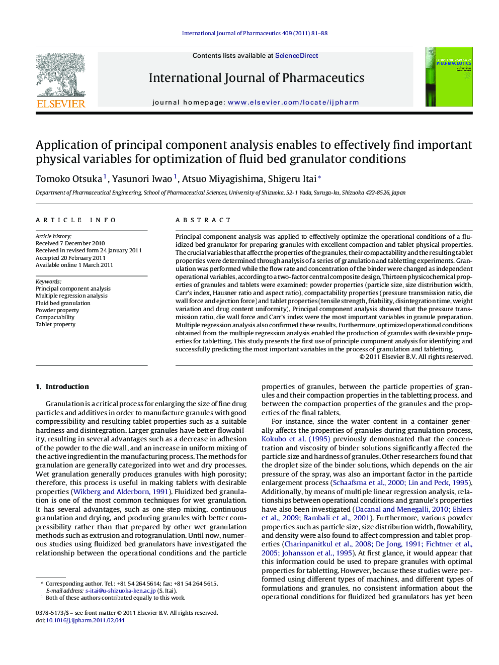 Application of principal component analysis enables to effectively find important physical variables for optimization of fluid bed granulator conditions