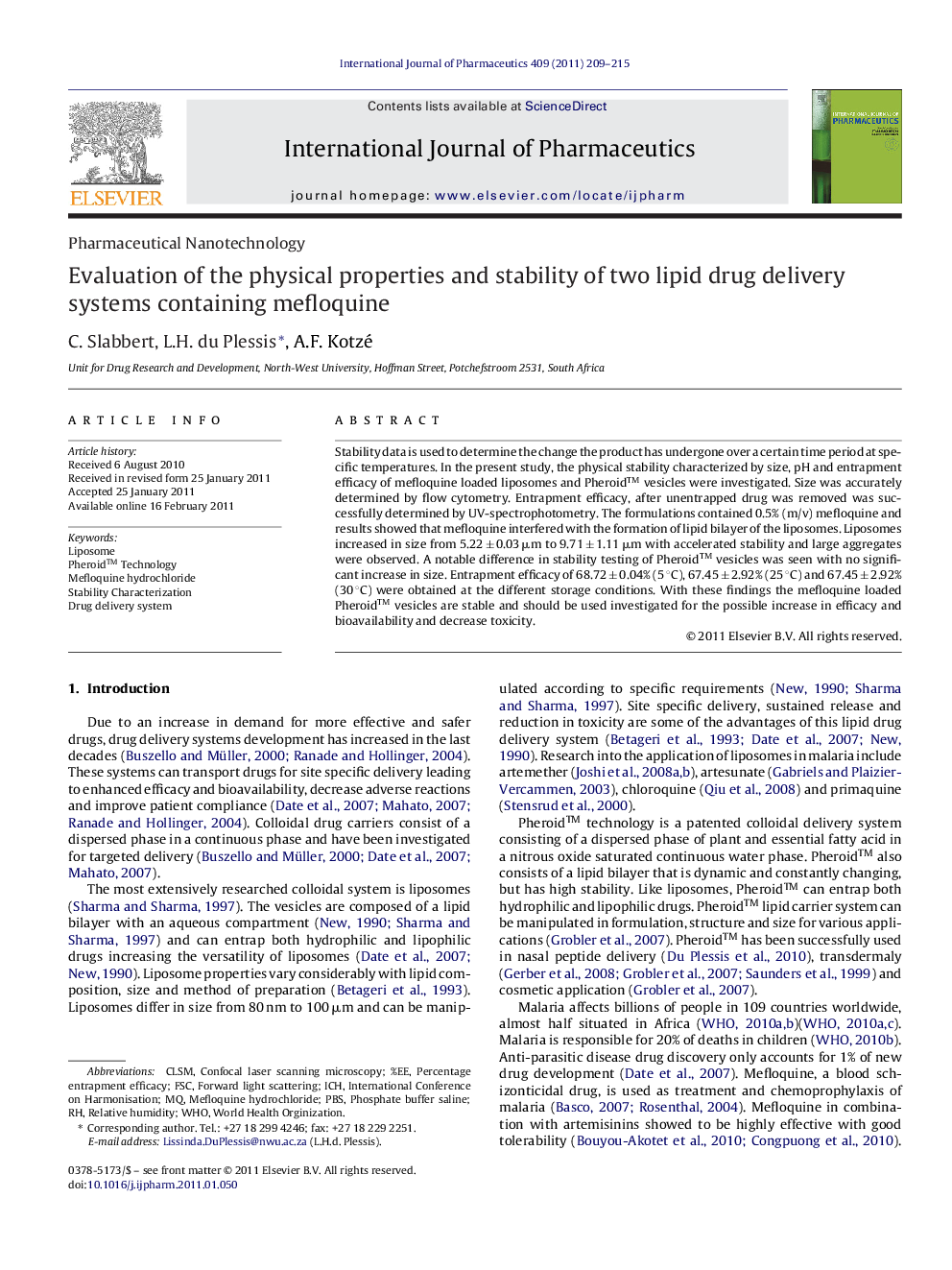 Evaluation of the physical properties and stability of two lipid drug delivery systems containing mefloquine