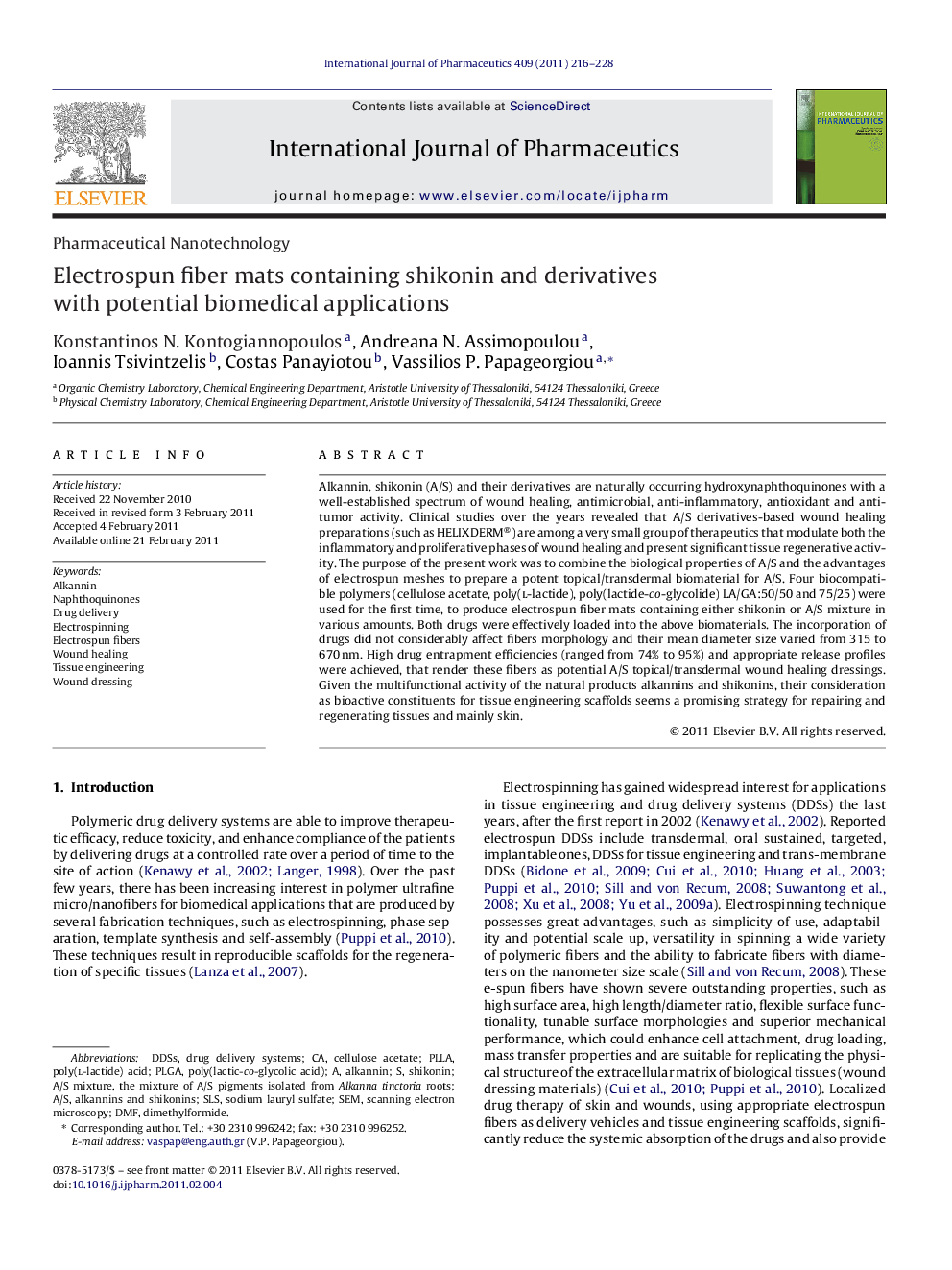 Electrospun fiber mats containing shikonin and derivatives with potential biomedical applications