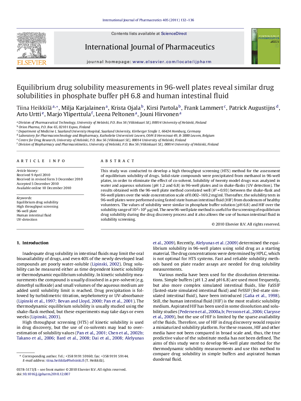 Equilibrium drug solubility measurements in 96-well plates reveal similar drug solubilities in phosphate buffer pH 6.8 and human intestinal fluid