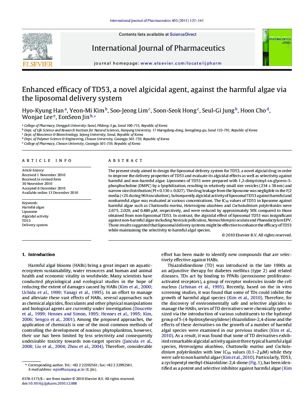 Enhanced efficacy of TD53, a novel algicidal agent, against the harmful algae via the liposomal delivery system