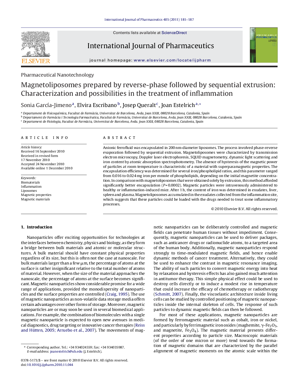 Magnetoliposomes prepared by reverse-phase followed by sequential extrusion: Characterization and possibilities in the treatment of inflammation