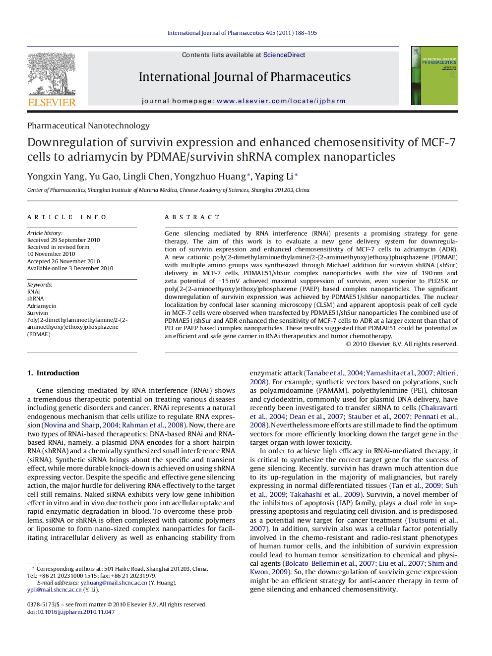 Downregulation of survivin expression and enhanced chemosensitivity of MCF-7 cells to adriamycin by PDMAE/survivin shRNA complex nanoparticles