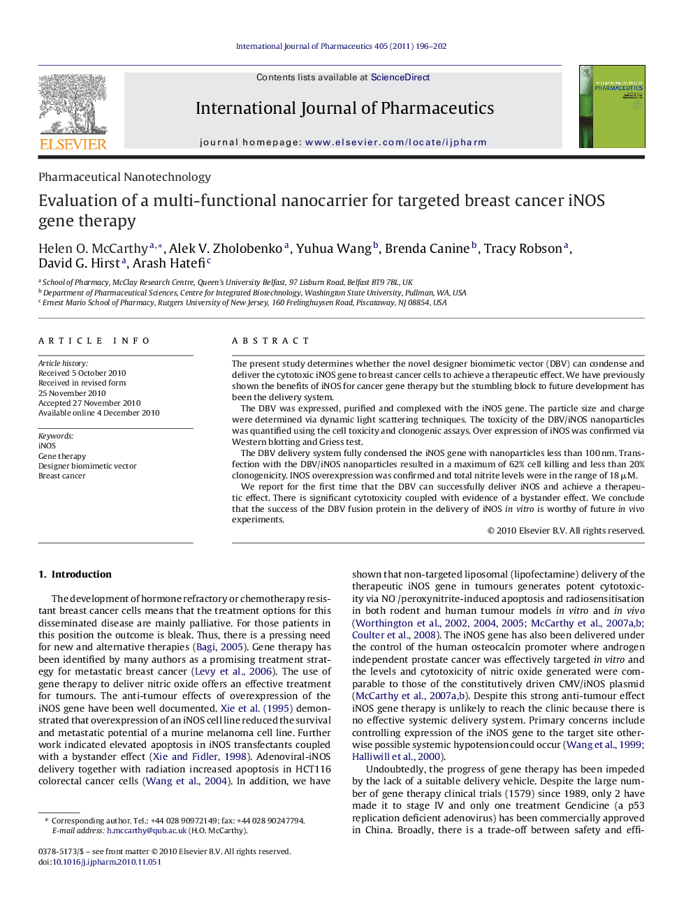 Evaluation of a multi-functional nanocarrier for targeted breast cancer iNOS gene therapy