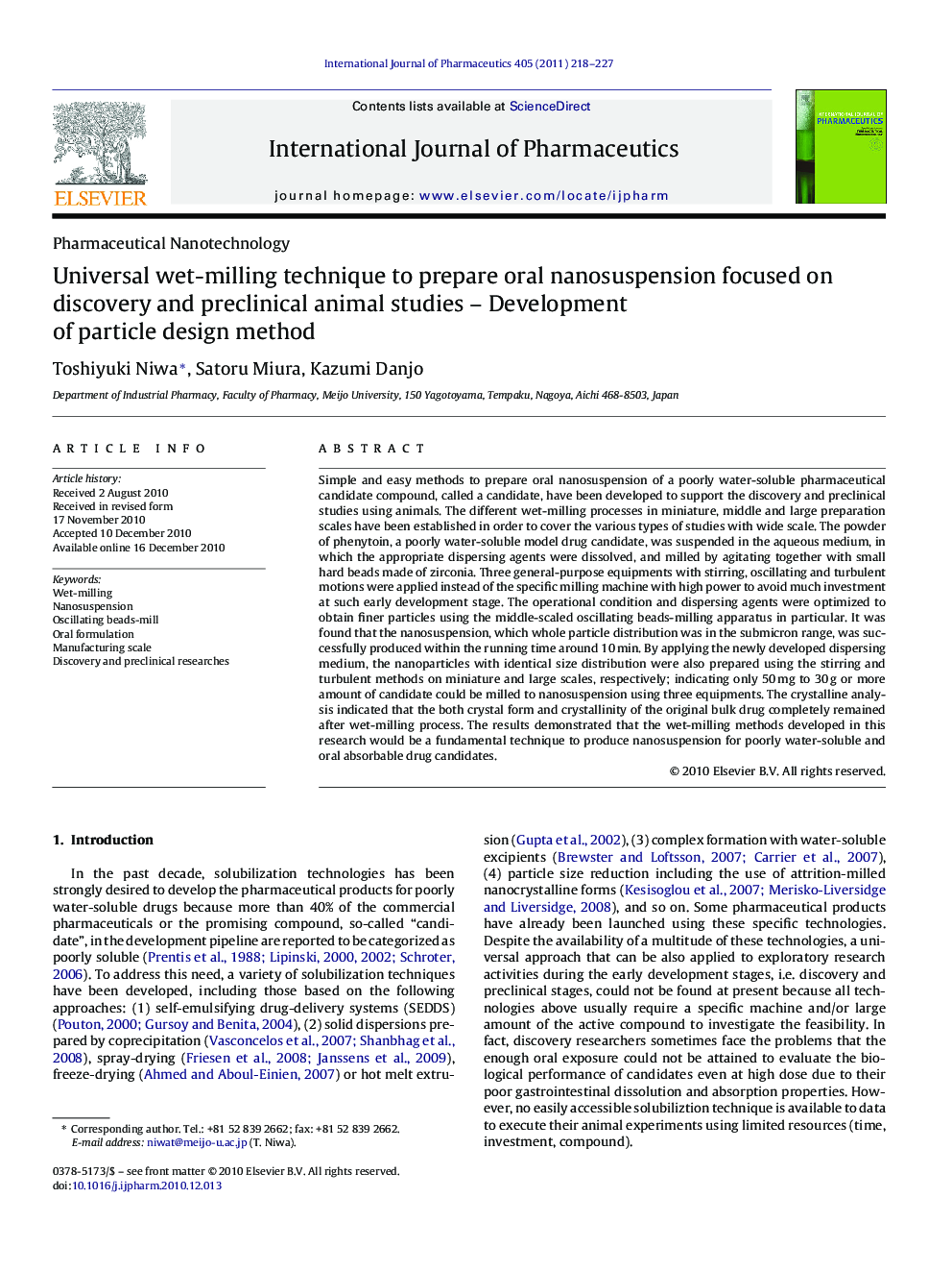 Universal wet-milling technique to prepare oral nanosuspension focused on discovery and preclinical animal studies – Development of particle design method