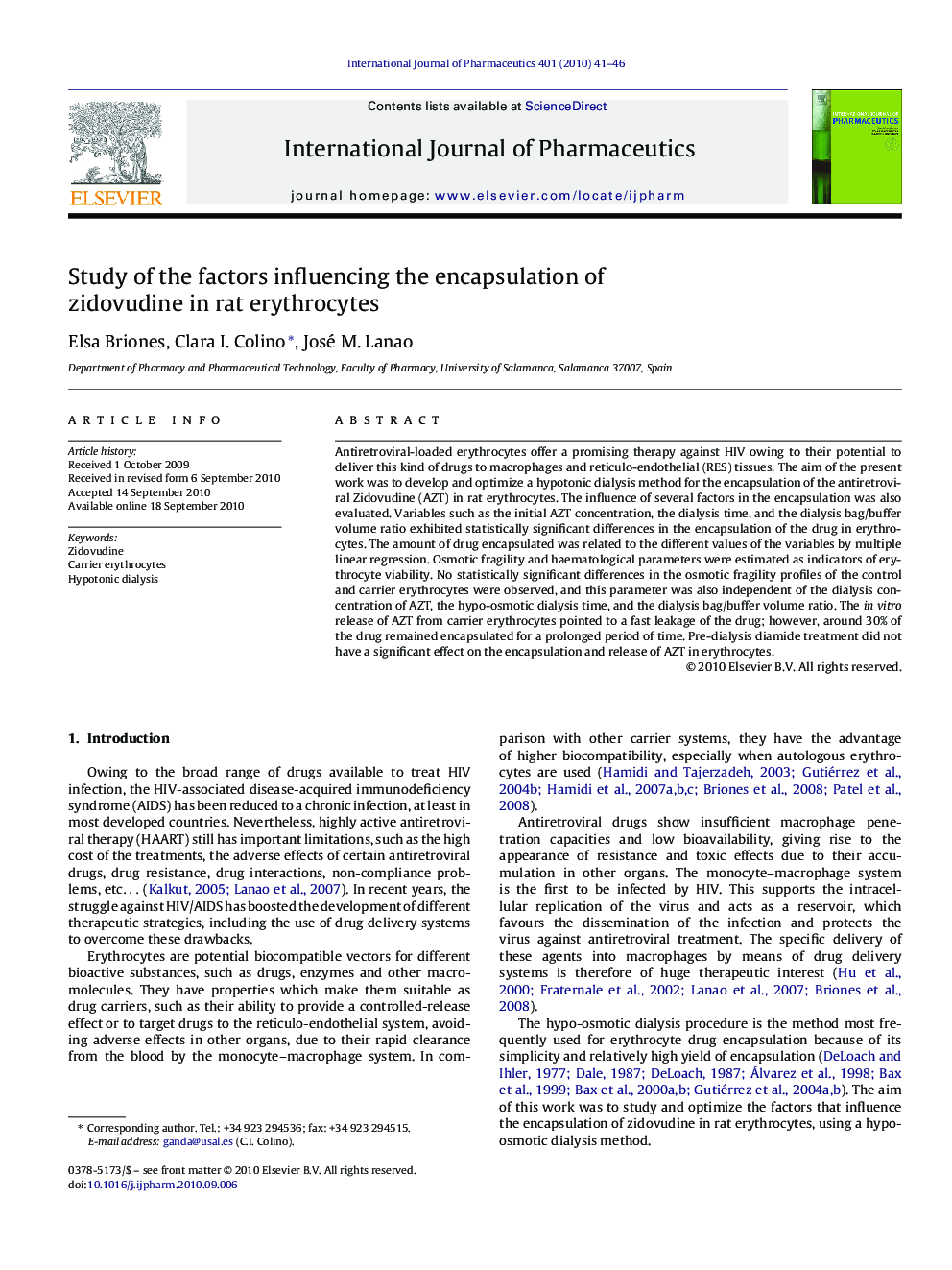 Study of the factors influencing the encapsulation of zidovudine in rat erythrocytes