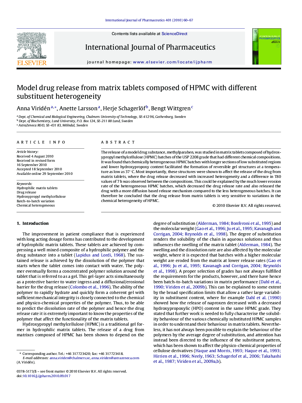 Model drug release from matrix tablets composed of HPMC with different substituent heterogeneity