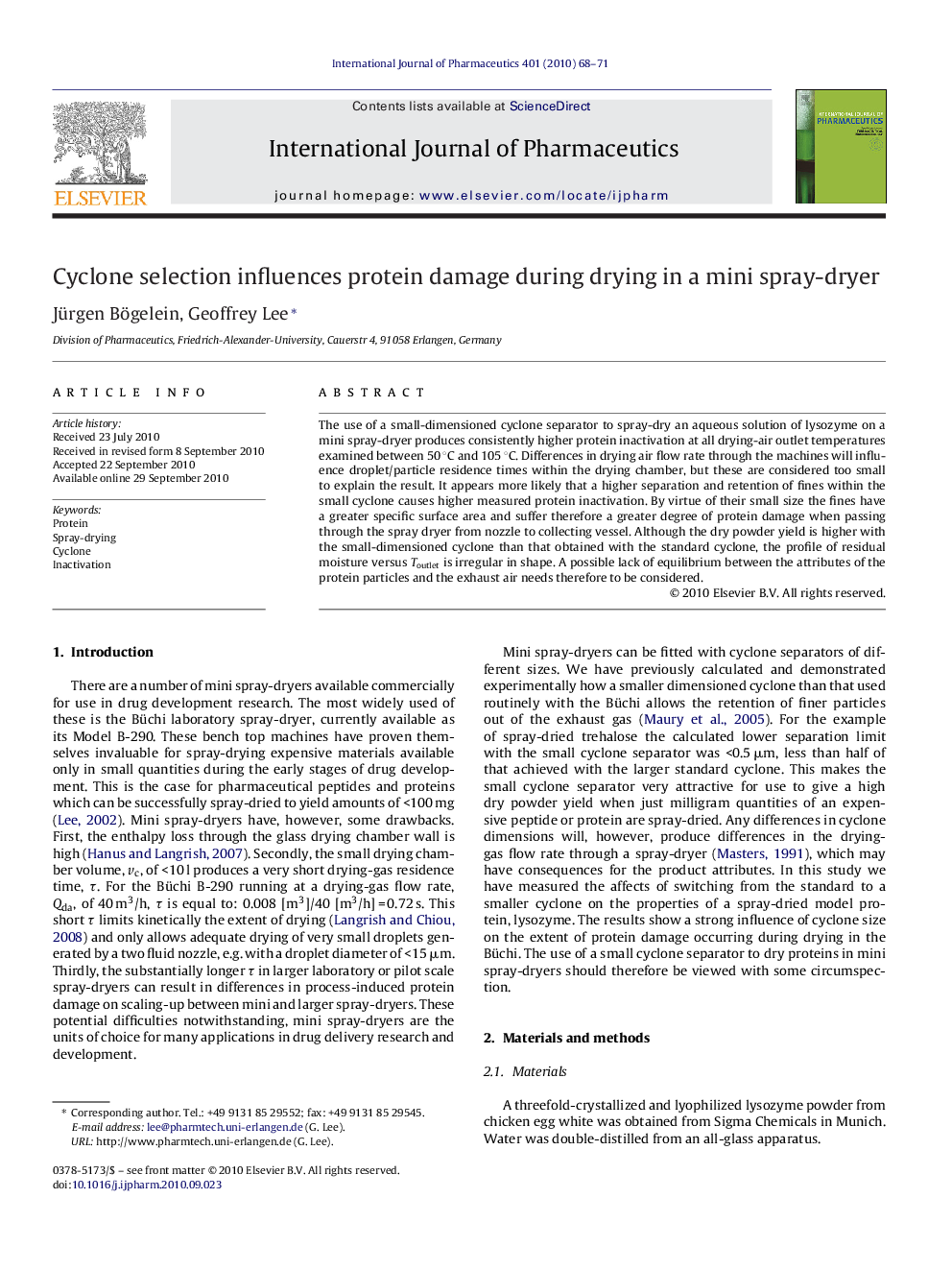 Cyclone selection influences protein damage during drying in a mini spray-dryer