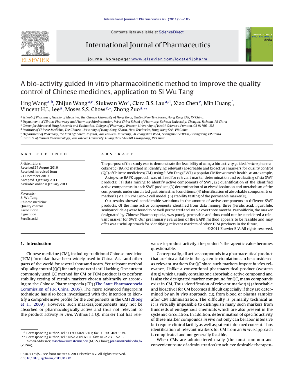 A bio-activity guided in vitro pharmacokinetic method to improve the quality control of Chinese medicines, application to Si Wu Tang