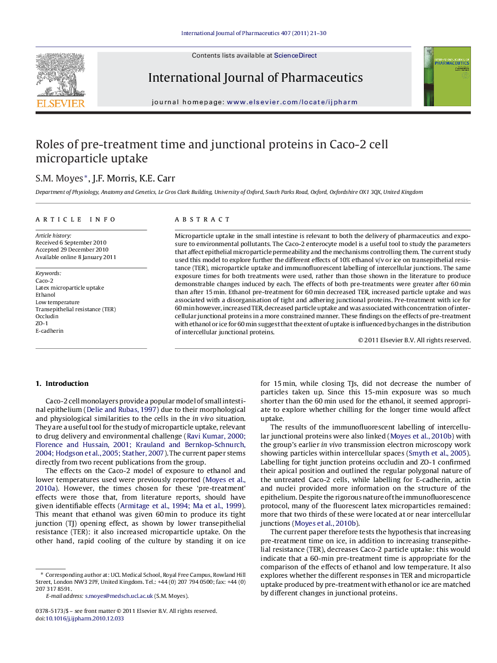 Roles of pre-treatment time and junctional proteins in Caco-2 cell microparticle uptake