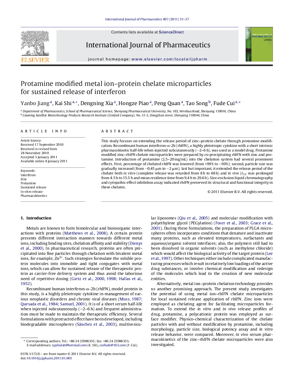 Protamine modified metal ion–protein chelate microparticles for sustained release of interferon